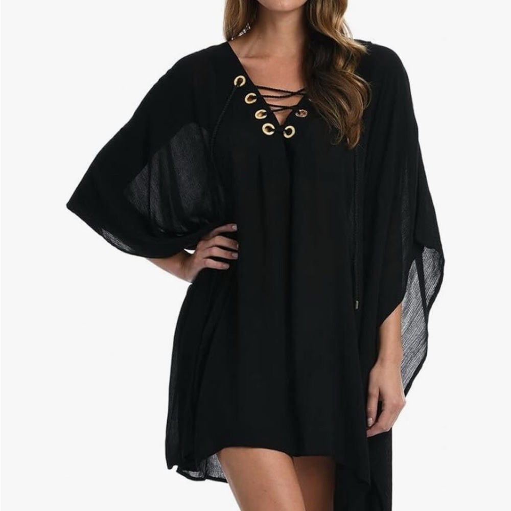 LA BLANCA WOMEN’S BLACK CAPRI LACE UP CAFTAN. Size L